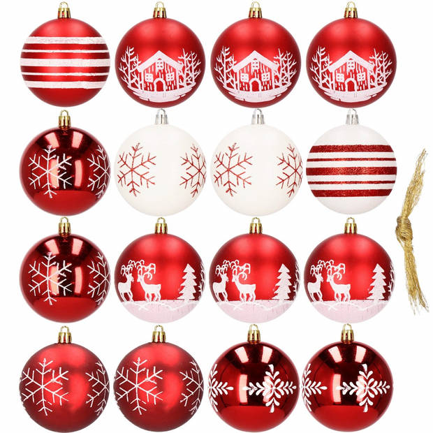 Kerstballen 16 stuks 8 cm Rood/Wit