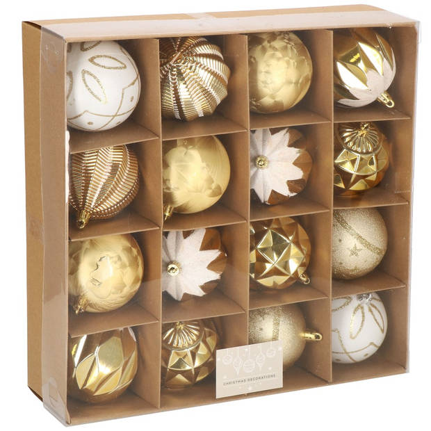 Kerstballen 16 Stuks 8 cm Goud/Wit