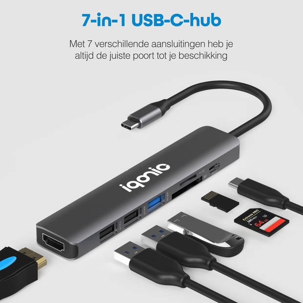 Iqonic 7 in 1 USB C Hub - USB-C naar HDMI Adapter Macbook - USB-C Opladen - 4K Resolutie - Splitter - Micro SD Kaart
