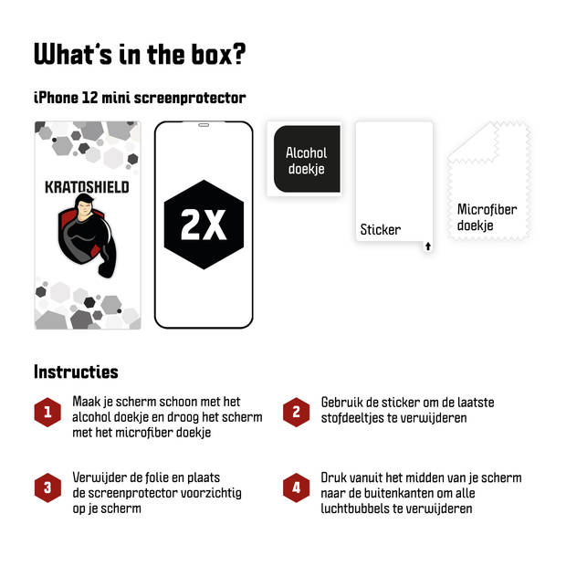 2-pack Kratoshield iPhone 12 Mini Screenprotector - Gehard glas - Full Cover