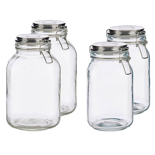 Set van 4x stuks luxe keuken voorraadpotten met klepdeksel zilver 1500 ml en 3000 ml - Voorraadpot