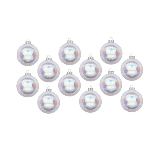 12x Transparant parelmoer glazen kerstballen 8 cm glans en mat - Kerstbal