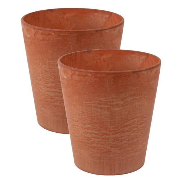 2x stuks plantenpot/bloempot in een natuursteen look Dia 27 cm en Hoogte 24 cm light terra cotta - Plantenpotten