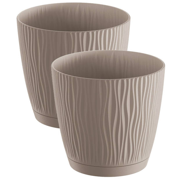 2x stuks stijlvolle kunststof plantenpot/bloempot dia 15 cm/hoogte 14 cm Waves taupe - Plantenpotten