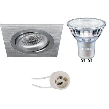 LED Spot Set - Pragmi Borny Pro - GU10 Fitting - Inbouw Vierkant - Mat Zilver - Kantelbaar - 92mm - Philips - MASTER 927