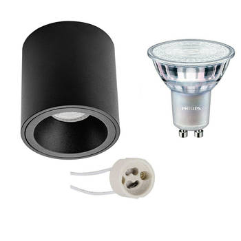 Opbouwspot Set - Pragmi Cliron Pro - GU10 Fitting - Opbouw Rond - Mat Zwart - Verdiept - Ø90mm - Philips - MASTER 927