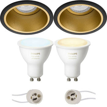 Pragmi Minko Pro - Inbouw Rond - Mat Zwart/Goud - Verdiept - Ø90mm - Philips Hue - LED Spot Set GU10 - White Ambiance -