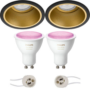 Pragmi Minko Pro - Inbouw Rond - Mat Zwart/Goud - Verdiept - Ø90mm - Philips Hue - LED Spot Set GU10 - White and Color