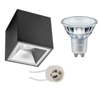 Opbouwspot Set - Pragmi Cliron Pro - GU10 Fitting - Opbouw Vierkant - Mat Zwart/Zilver - Verdiept - 90mm - Philips -