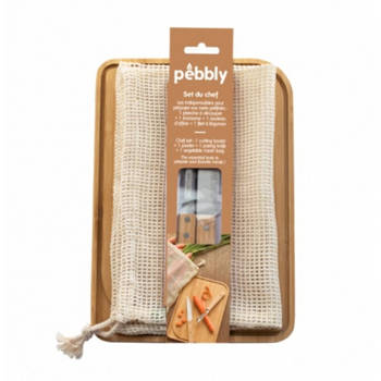 Pebbly - Snijplank inclusief schilmesje, dunschiller en bewaarzak, Bamboe, 28 x 20 cm - Pebbly