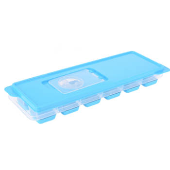 Tray met ijsklontjes/ijsblokjes vormpjes 12 vakjes kunststof blauw met afsluitdeksel - IJsblokjesvormen