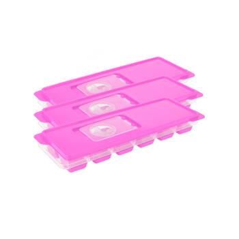 Set van 3x stuks trays met ijsklontjes/ijsblokjes vormpjes 12 vakjes kunststof roze met afsluitdekse - IJsblokjesvormen