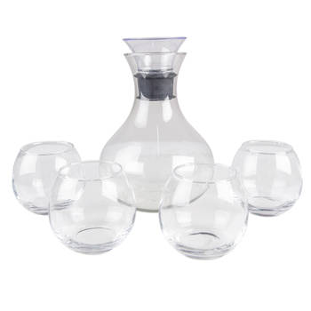 Clayre & Eef Karaf met Glazen 1740 ml / 375 ml Glas Rond Waterkan Transparant Waterkan