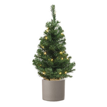 Volle kunst kerstboom 75 cm met verlichting inclusief taupe pot - Kunstkerstboom