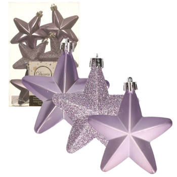 6x stuks kunststof sterren kersthangers heide lila paars 7 cm - Kersthangers