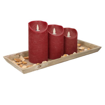 Houten dienblad met steentjes en 3 LED kaarsen in het bordeaux rood 39 x 15 cm - LED kaarsen
