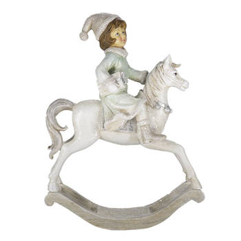 Clayre & Eef Beeld Hobbelpaard 26 cm Beige Groen Polyresin Kerstdecoratie Beige Kerstdecoratie