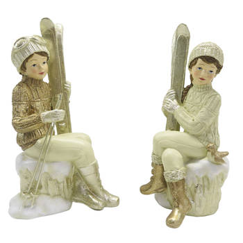 Clayre & Eef Beeld set van 2 Kinderen 18 cm Beige Goudkleurig Polyresin Beige