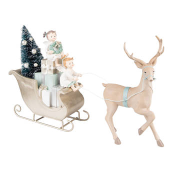 Clayre & Eef Beeld Hert 26 cm Beige Groen Polyresin Kerstdecoratie Beige Kerstdecoratie