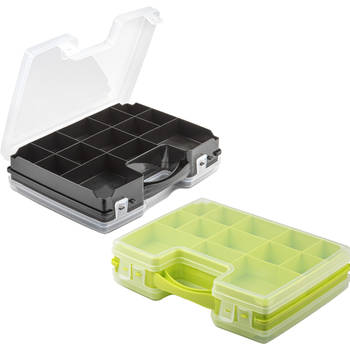 Forte Plastics - 2x Opberg vakjes doos/Sorteerbox - 21-vaks kunststof - 28 x 21 x 6 cm - zwart/groen - Opbergbox