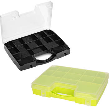 Forte Plastics - Opberg vakjes doos/Sorteerbox - 13-vaks kunststof - 27 x 20 x 3 cm - zwart/groen - Opbergbox