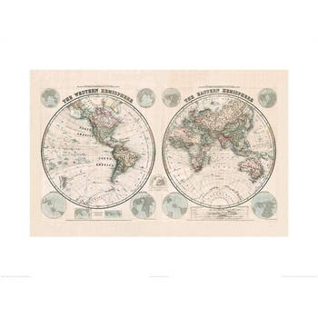 Kunstdruk Stanfords - Eastern and Western Hemispheres Map 1877 60x80cm