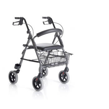 Moretti opvouwbare rollator met 4 beweegbare wielen, stoffen zitting en een rugleuning.