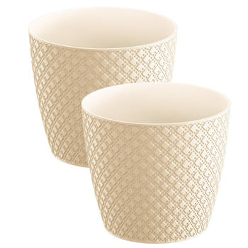 2x stuks orient stijl plantenpot/bloempot kunststof dia 19 cm en hoogte 17 cm creme wit - Plantenpotten