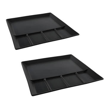 4x stuks mat zwart fondue/gourmet bord 5-vaks vierkant aardewerk 24 cm - Gourmetborden