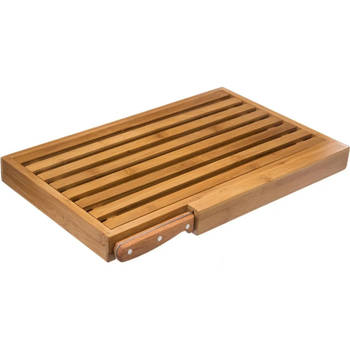 Brood snijplank met kruimel opvangbak 44 x 27 cm van bamboe hout inclusief broodmes - Snijplanken