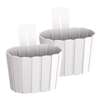 Set van 2x stuks wood-look muur plantenpot/bloempot kunststof dia 20 cm/hoogte 15 cm parel wit - Plantenpotten