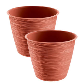 2x stuks stijlvolle kunststof plantenpot/bloempot dia 17 cm/hoogte 14.5 cm Paintstripe stone rood - Plantenpotten