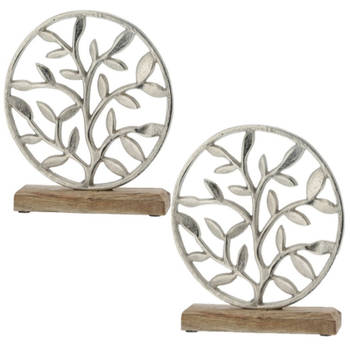 2x Stuks decoratie levensboom rond van aluminium op houten voet 25 cm zilver - Beeldjes
