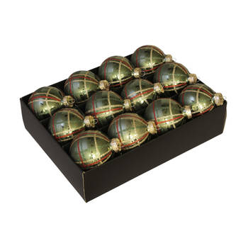 24x stuks luxe glazen gedecoreerde kerstballen groen schotse ruit 7,5 cm - Kerstbal