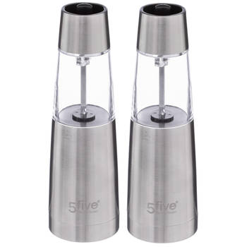 Set van 2x stuks electrische pepermolens RVS/glas zilver 19 cm - Peper en zoutstel