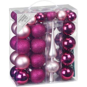 47x stuks kunststof kerstballen fuchsia roze en lichtroze 4-6 cm mat/glans met piek - Kerstbal