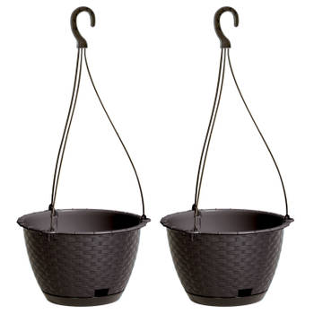 2x stuks hangende plantenpot/bloempot kunststof dia 22 cm/hoogte 14 cm donkerbruin - Plantenpotten