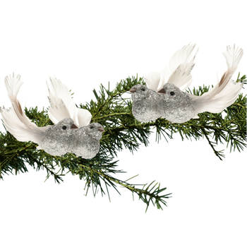 4x Kerst decoratie gliter vogeltje op clip zilver - Kersthangers