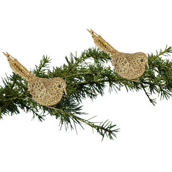 2x Kerstboomversiering glitter gouden vogeltjes op clip 12 cm - Kersthangers