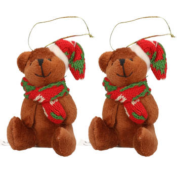 2x Kersthangers knuffelbeertjes bruin met gekleurde sjaal en muts 7 cm - Kersthangers