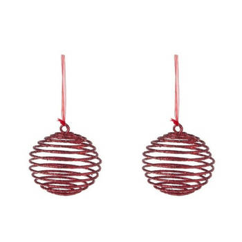 2x Kerstornamenten kersthangers rode spiraal kerstballen 10 cm - Kersthangers
