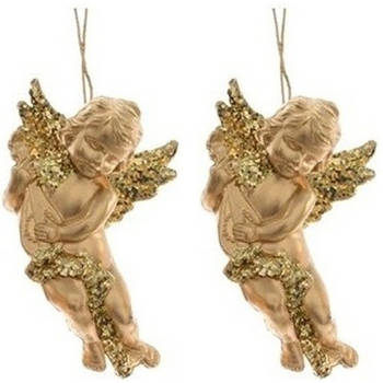 2x Kerst hangdecoratie gouden engeltjes met lute muziekinstrument 10 cm - Kersthangers