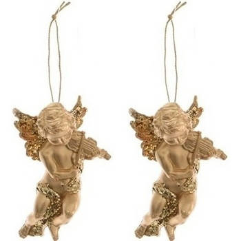 2x Kerst hangdecoratie gouden engeltjes met viool muziekinstrument 10 cm - Kersthangers