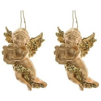 2x Kerst hangdecoratie gouden engeltjes met harp muziekinstrument 10 cm - Kersthangers