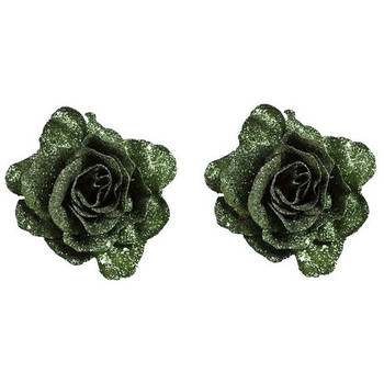 2x Groene decoratie roos glitters op clip 10 cm - Kersthangers