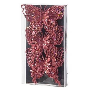 3x Kerstboomversiering vlinders op clip glitter rood 11 cm - Kersthangers