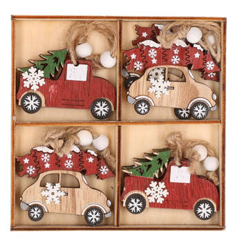 Kersthanger set van 24x houten auto hangers 6 x 5 cm kerstboomversiering - Kersthangers