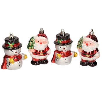 4x Kersthangers figuurtjes sneeuwpop en kerstman kunststof 7,5 cm - Kersthangers