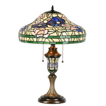 LumiLamp Tiffany Tafellamp Ø 46x60 cm Beige Groen Glas Kunststof Rond Bloemen Tiffany Bureaulamp Beige Tiffany