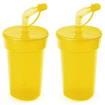Set van 4x stuks afsluitbare plastic drinkbeker geel 400 ml met rietje voor kinderen/peuters - Drinkbekers
